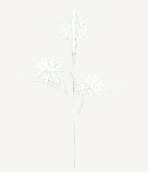 White 31-inch snowflake spray with three glittery snowflakes on a slender stem.