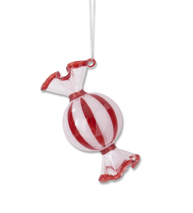 Red and white glass candy ornament with a classic round shape.