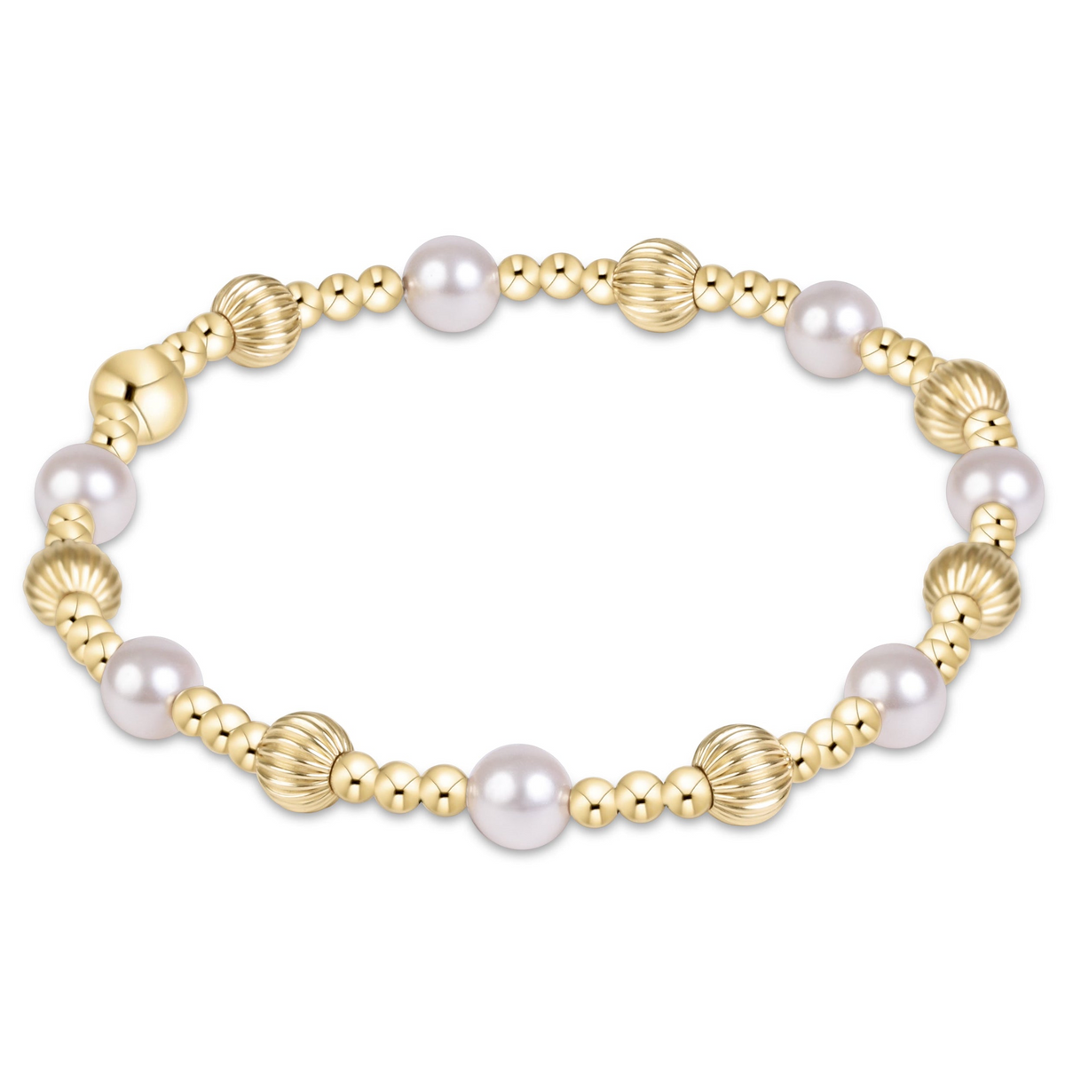 Gold-filled beaded bracelet with 5mm pearls and textured gold beads on an elastic band.