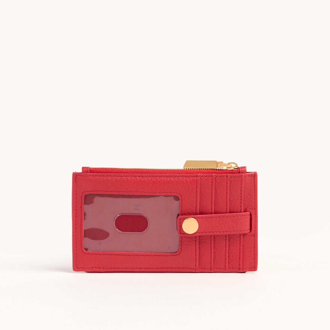 Poppy red leather cardholder with credit card slots, snap closure, and zipper top.