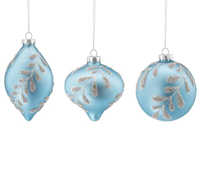 Hand-blown blue glass ornament with silver caviar beading detail.