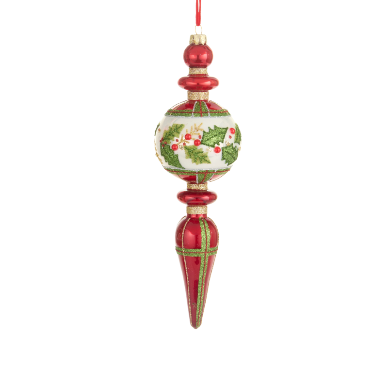 10.25-inch red and white glass drop ornament with plaid patterns and holly leaf accents.