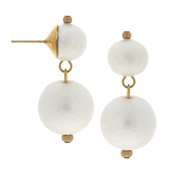 Gold Cab Cotton Pearl Earrings featuring two white handspun cotton pearls and 24K gold hardware.