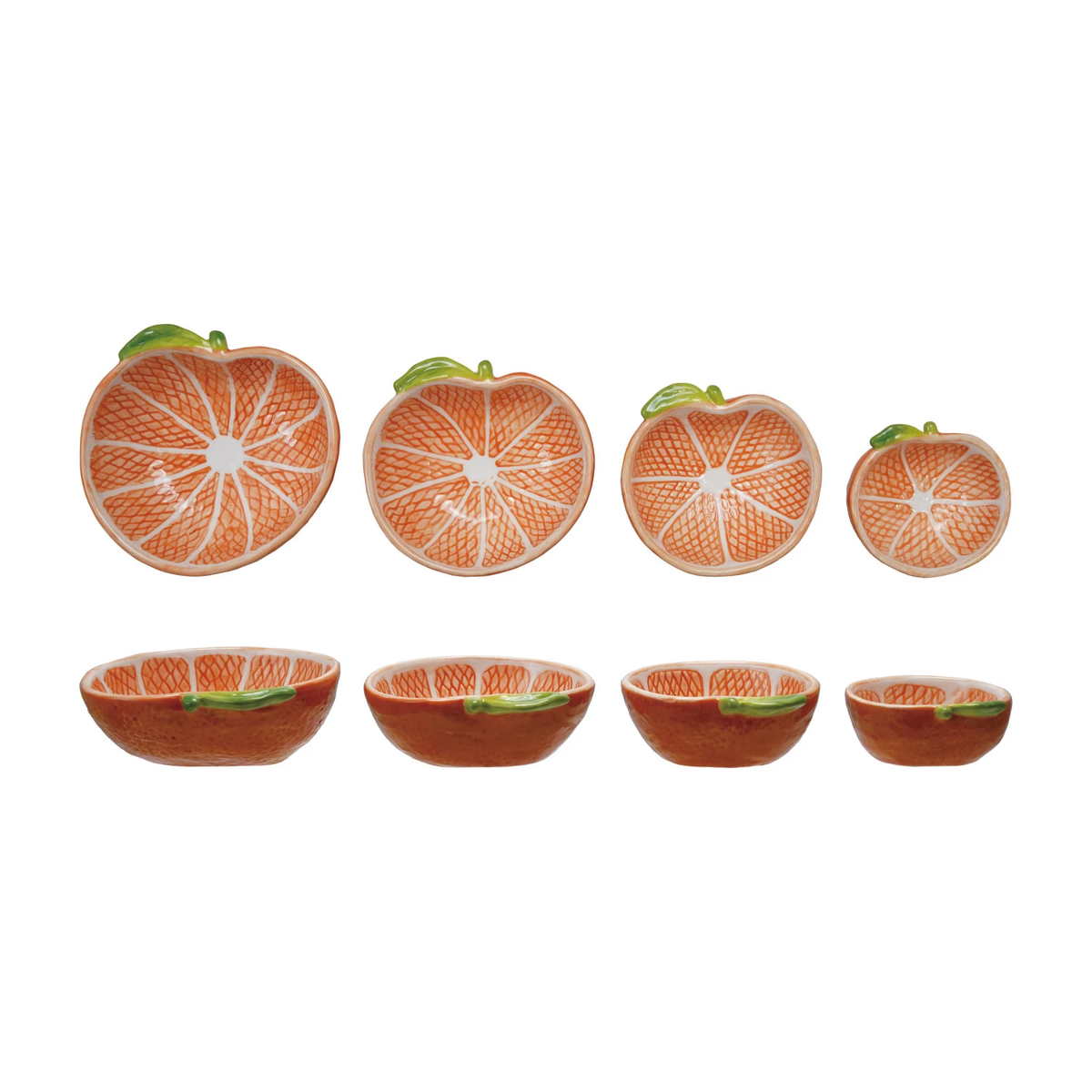 Set of four hand-painted stoneware measuring cups shaped like clementines.