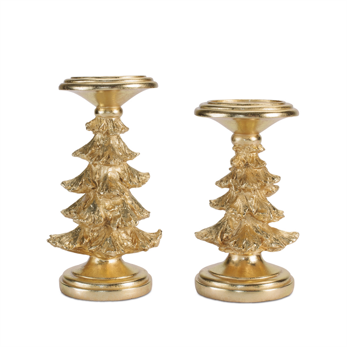 Two gold resin Christmas tree candle holders in different heights with textured evergreen branches.