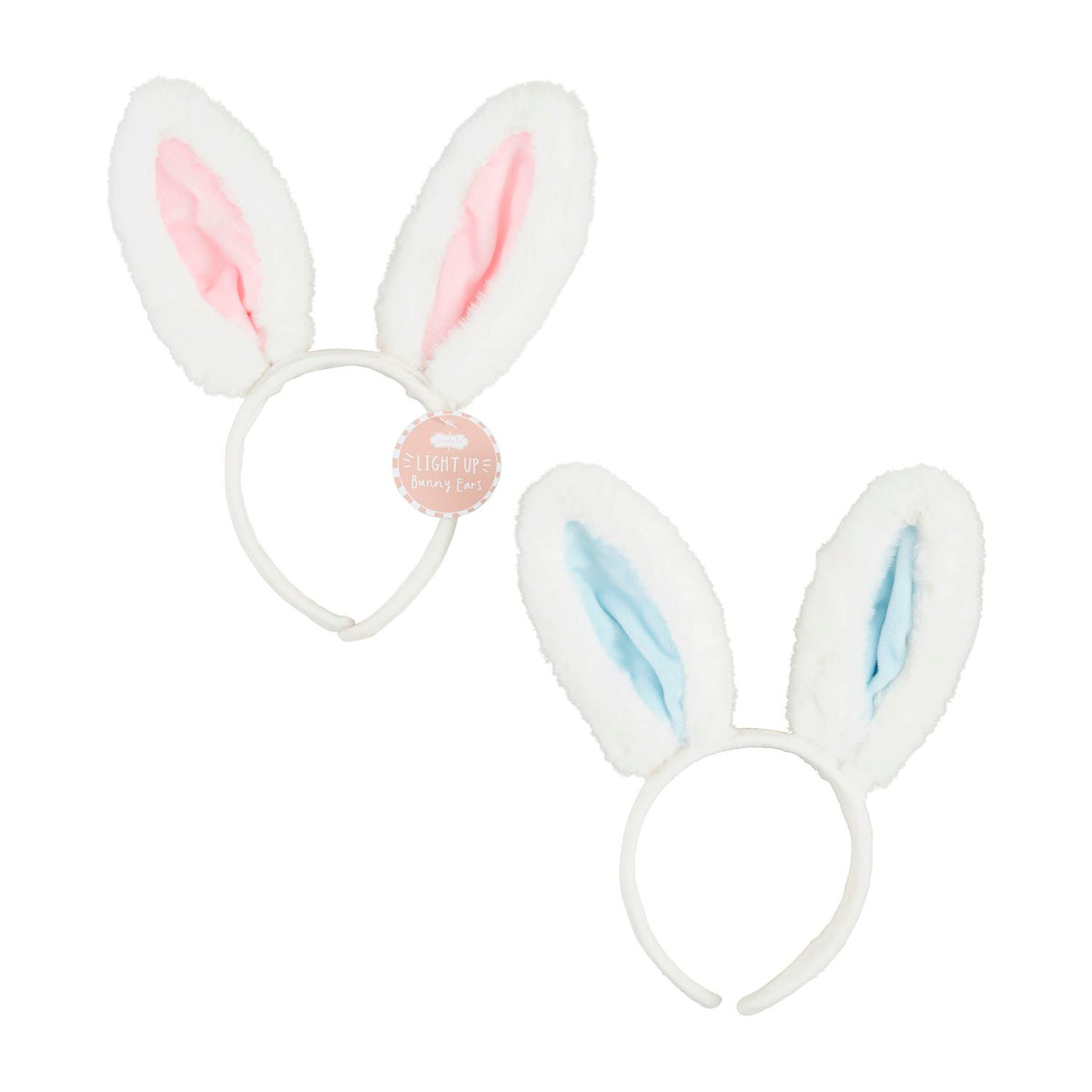 Light-up bunny headband with glowing ears on a black fabric background.