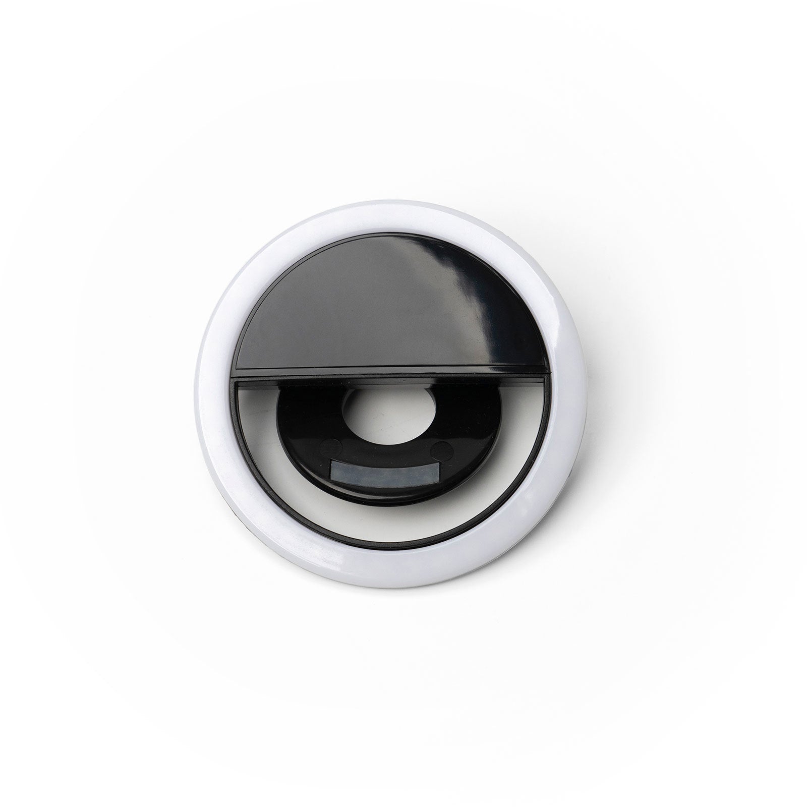 Modern Monkey Selfie Light, a circular white and black clip-on LED ring light for devices.