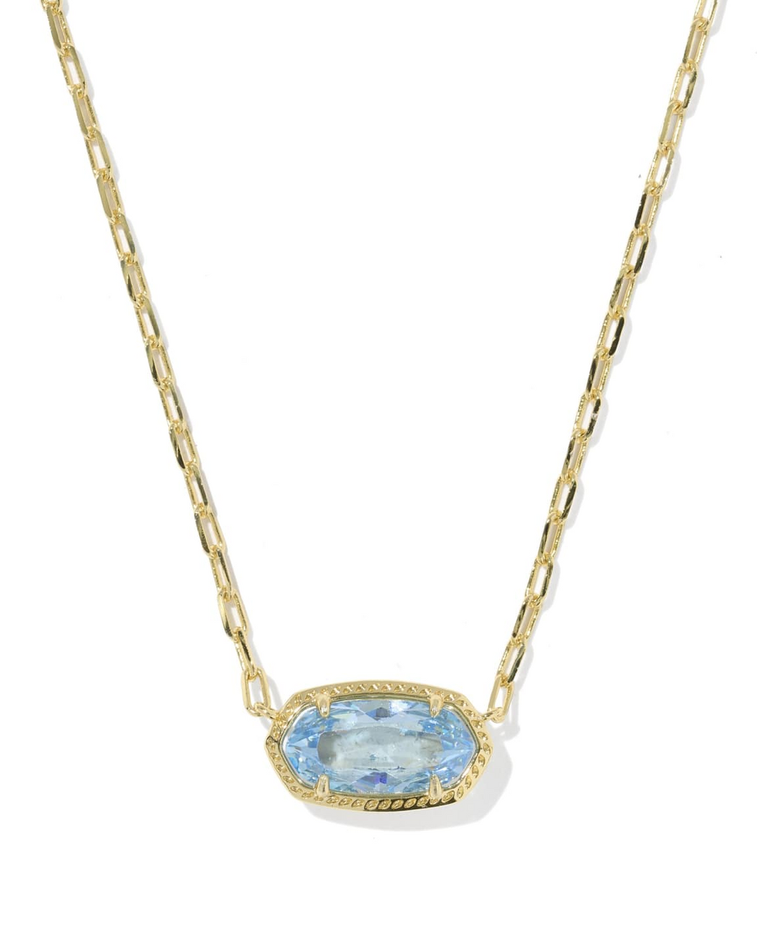 Elisa Luxe Short Pendant Necklace with a light blue stone on a gold paperclip chain.