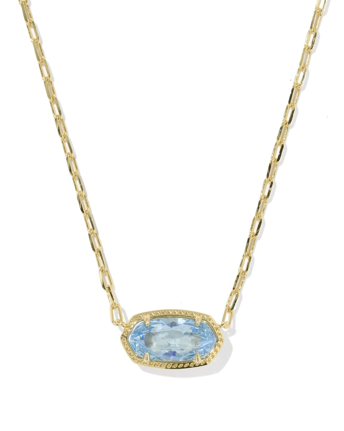 Elisa Luxe Short Pendant Necklace with a light blue stone on a gold paperclip chain.