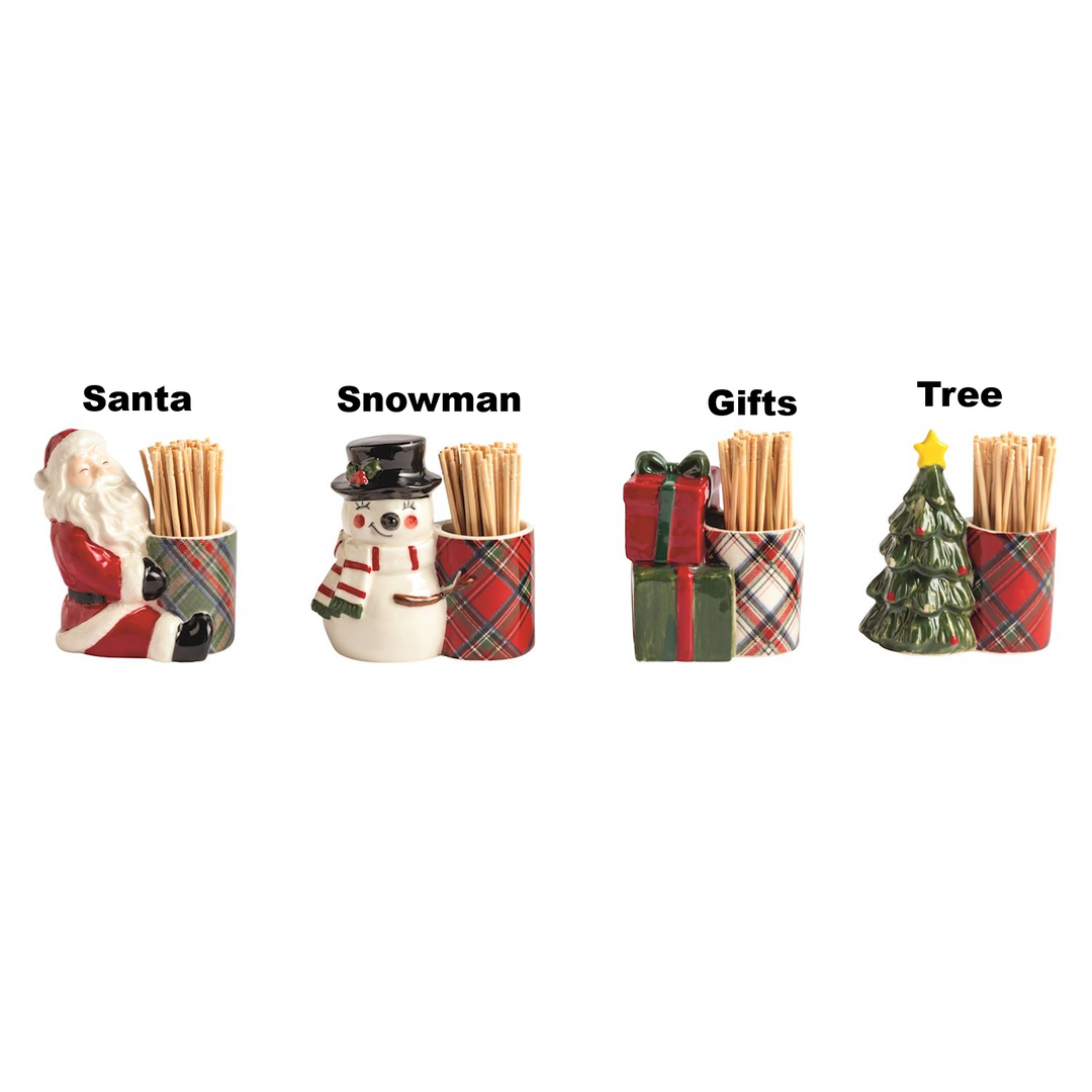 Four individual tartan stoneware toothpick caddies: Santa, Snowman, Gifts, and Christmas Tree.
