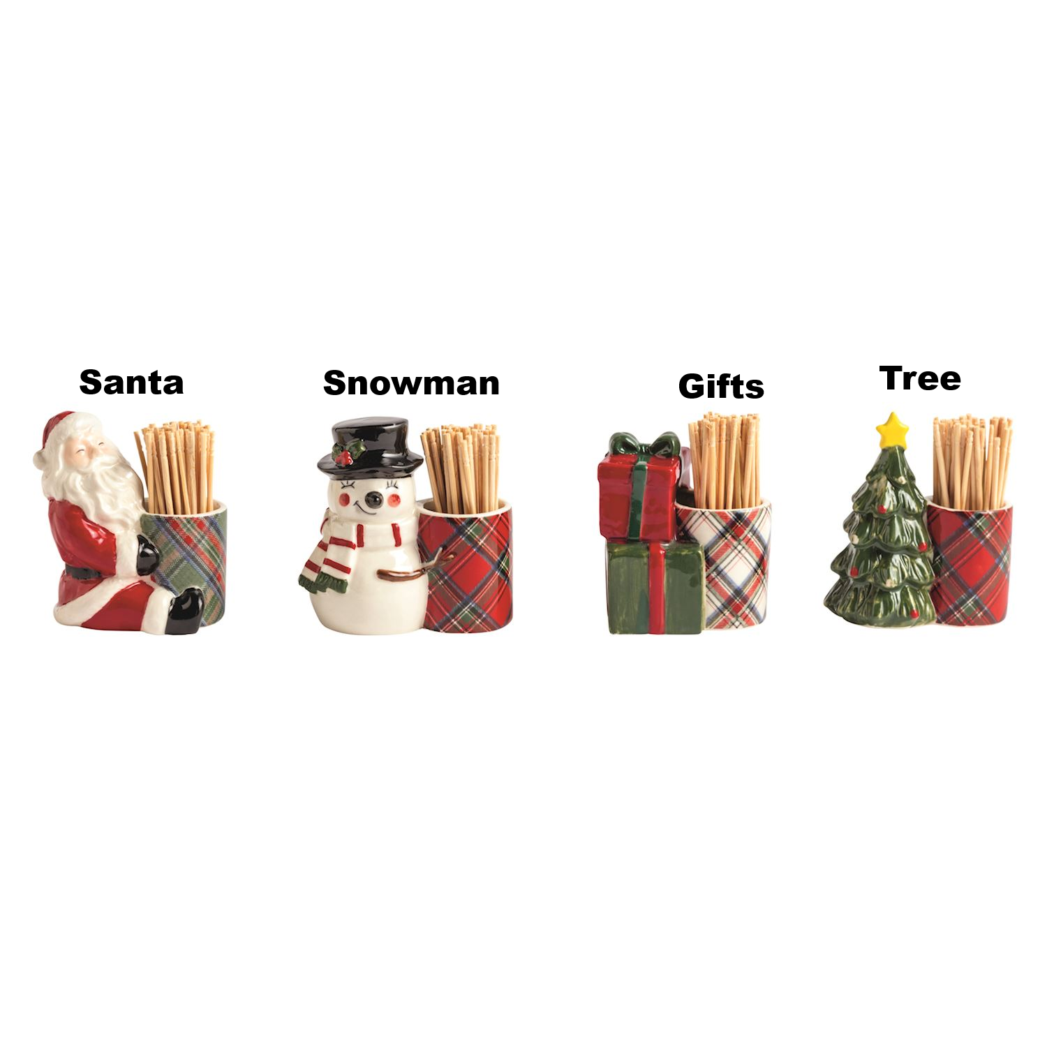 Four individual tartan stoneware toothpick caddies: Santa, Snowman, Gifts, and Christmas Tree.