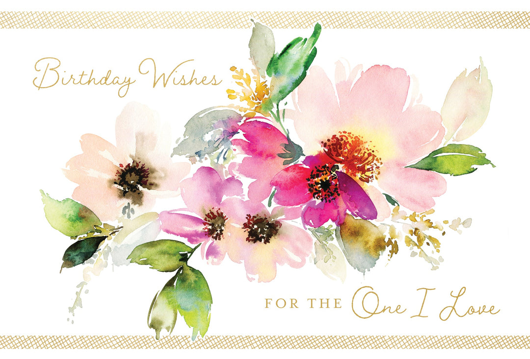 Floral branch birthday card with foil glitter accents featuring inside text about joy and love.