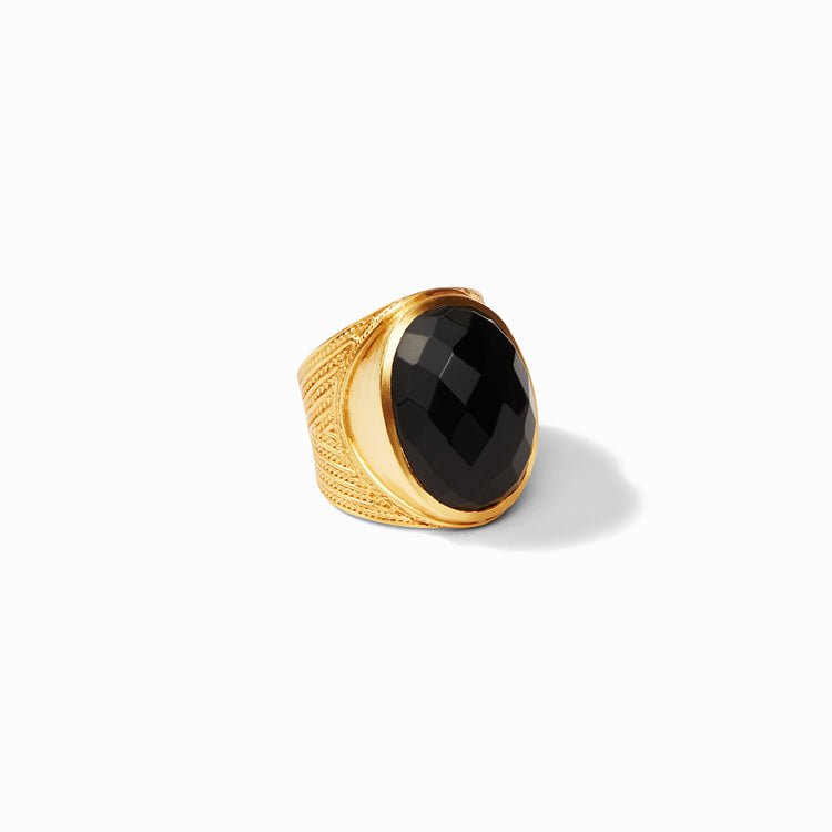 Verona statement ring in gold with a large, faceted oval black obsidian stone.