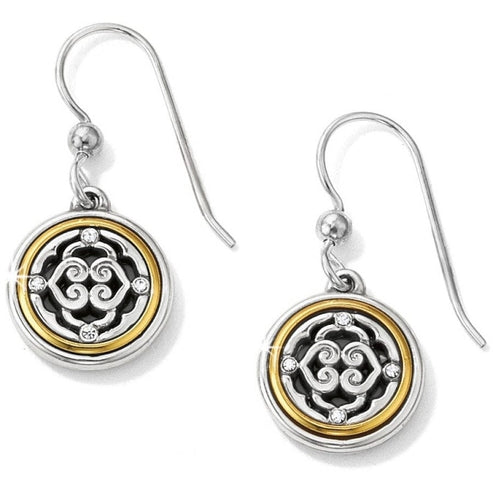 Silver-gold French wire earrings featuring a half-inch wide drop with fine quality crystal accents.