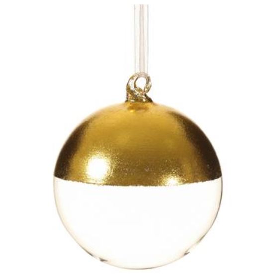 Clear glass ball ornament with gold painted accents measuring four inches in diameter.