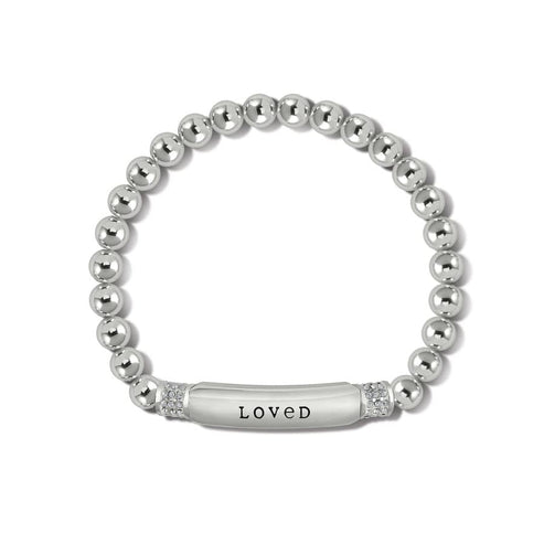 Silver plated Meridian Petite Love Stretch Bracelet with round beads and a bar engraved with LOVED.