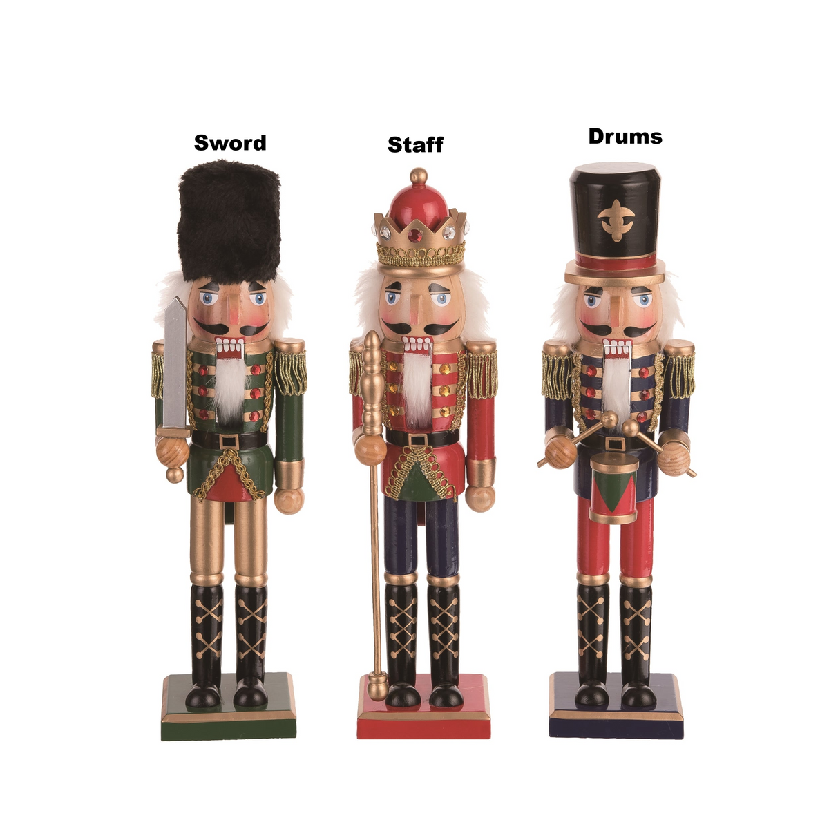 Three 15-inch wooden royal nutcrackers: one with a sword, one with a staff, and one with drums.