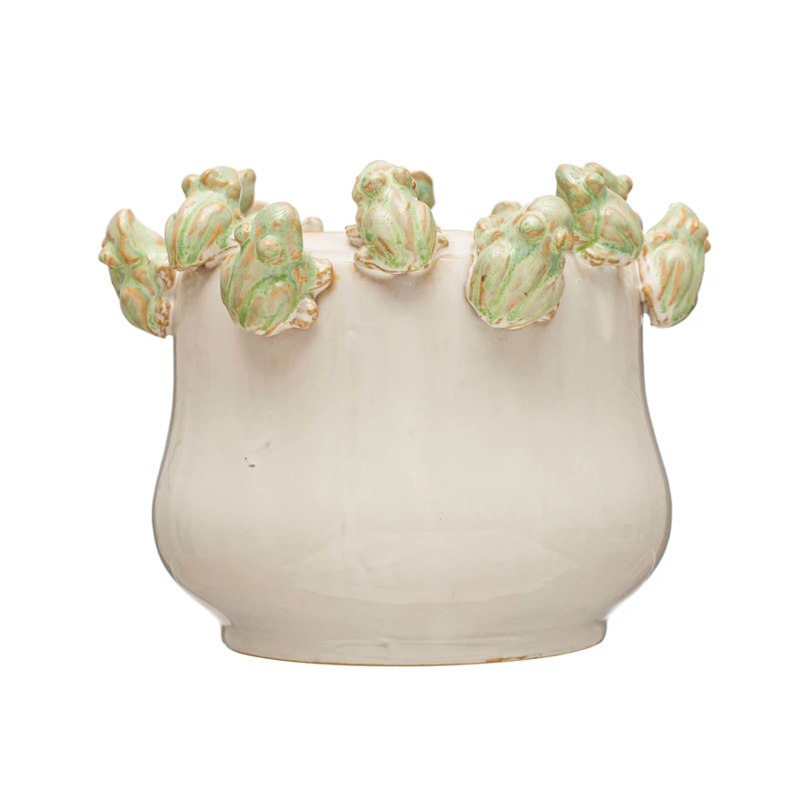 Stoneware planter with frog figures on the rim