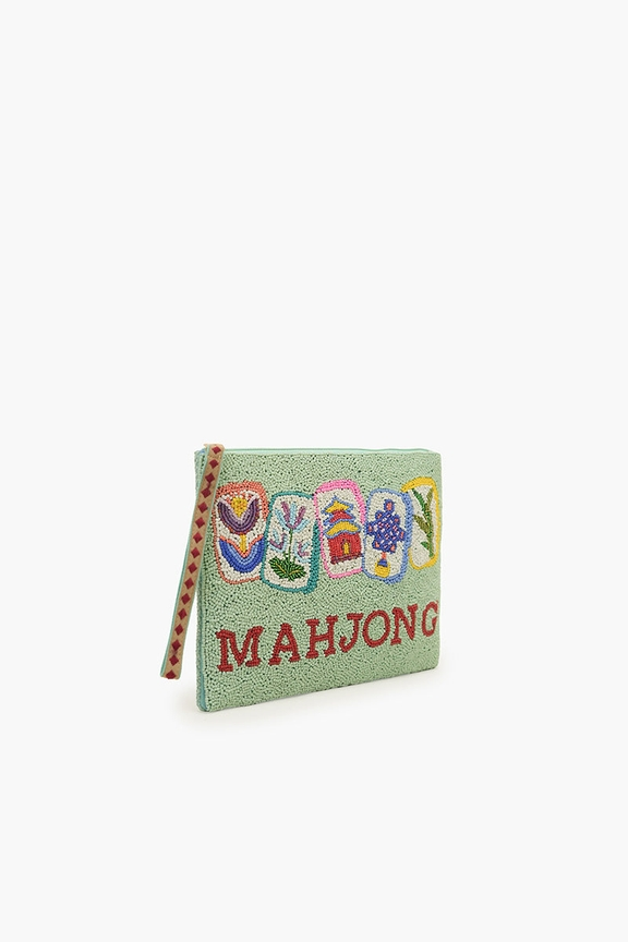 Mint green hand-beaded clutch with five Mahjong tile illustrations and red beaded MAHJONG text.