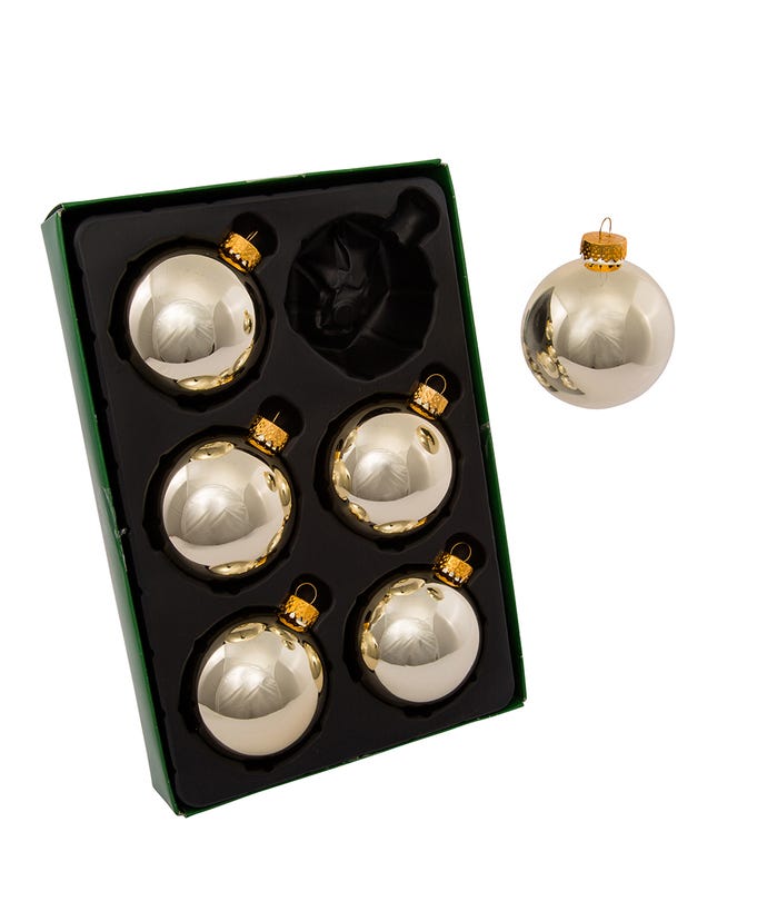 Set of six 65mm shiny gold glass ball ornaments in a green box with one displayed outside.