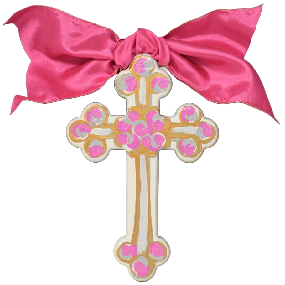 Hand-painted MDF cross with a satin bow top, gold back panel, and artist signature.