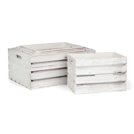 Whitewashed wooden crate with slatted sides and visible wood grain texture.