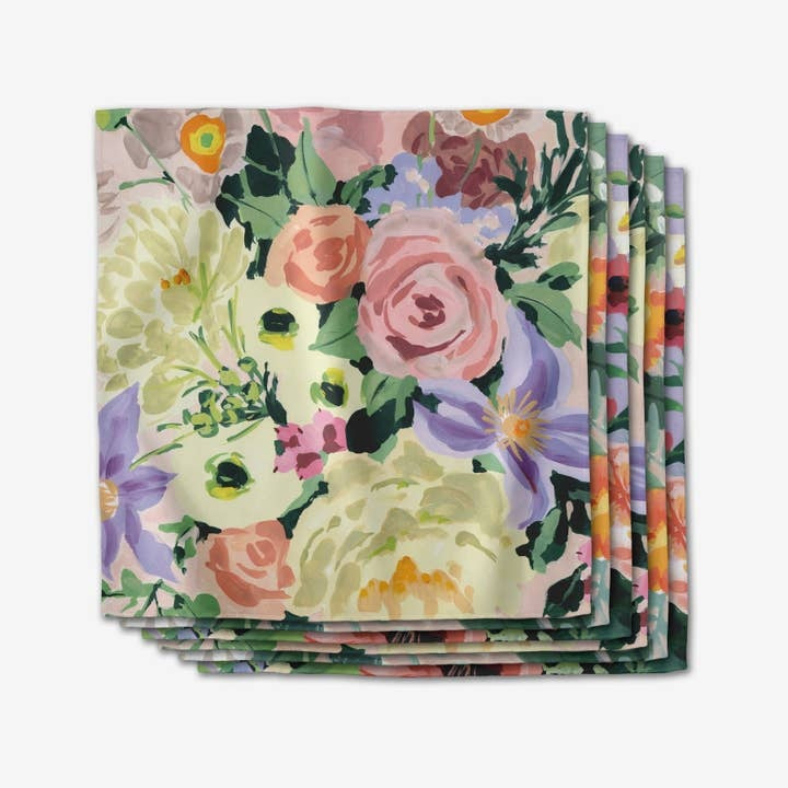 Set of six square Geosuede fabric dinner napkins with single-sided geometric print in neutral tones.