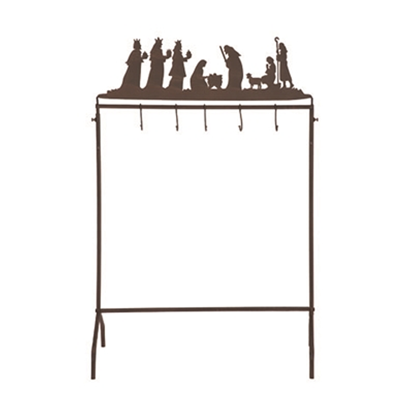 Metal nativity stocking holder featuring a creche scene with figures in warm tones.
