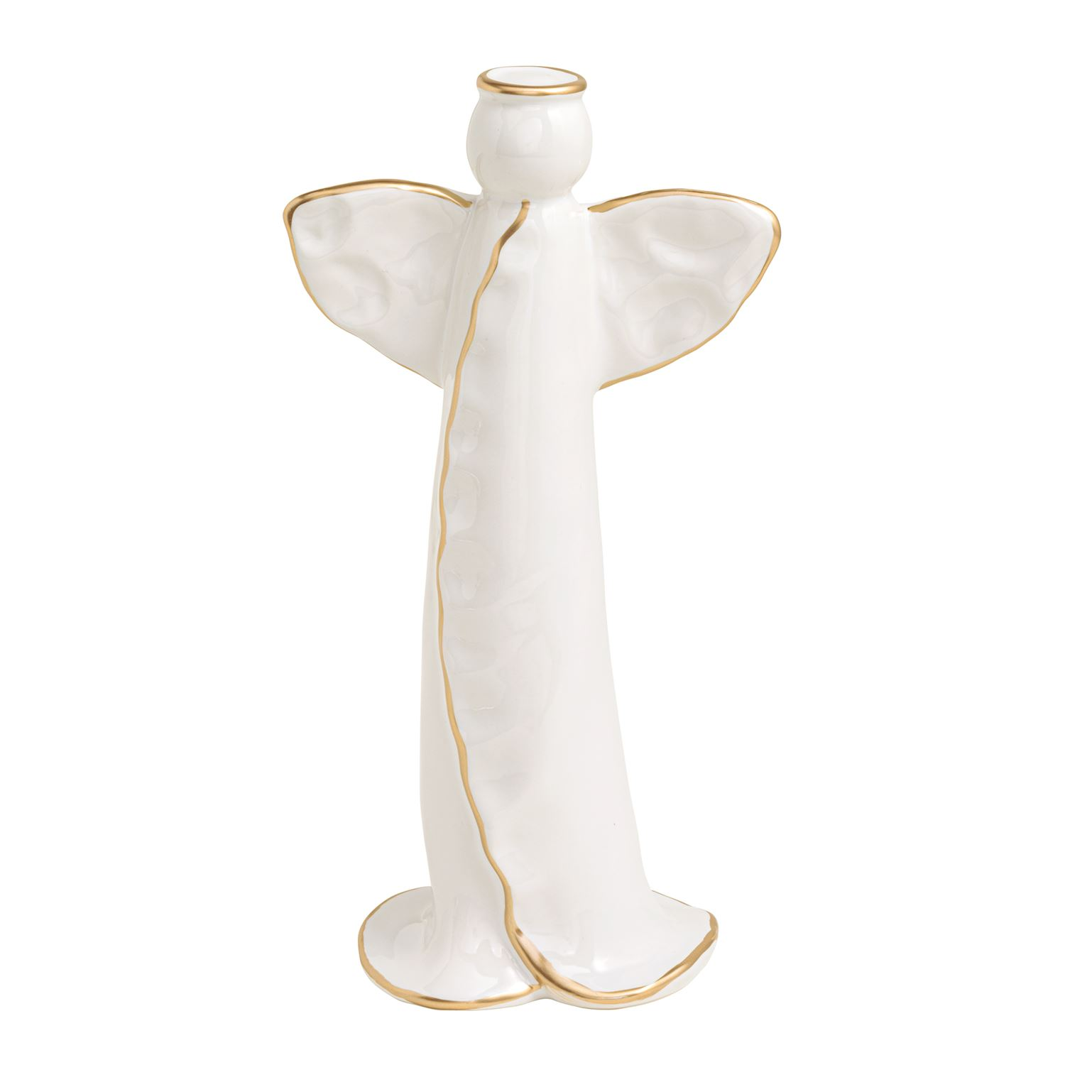 White stoneware angel figurine with hand-painted gold trim on wings, halo, and robe edges.