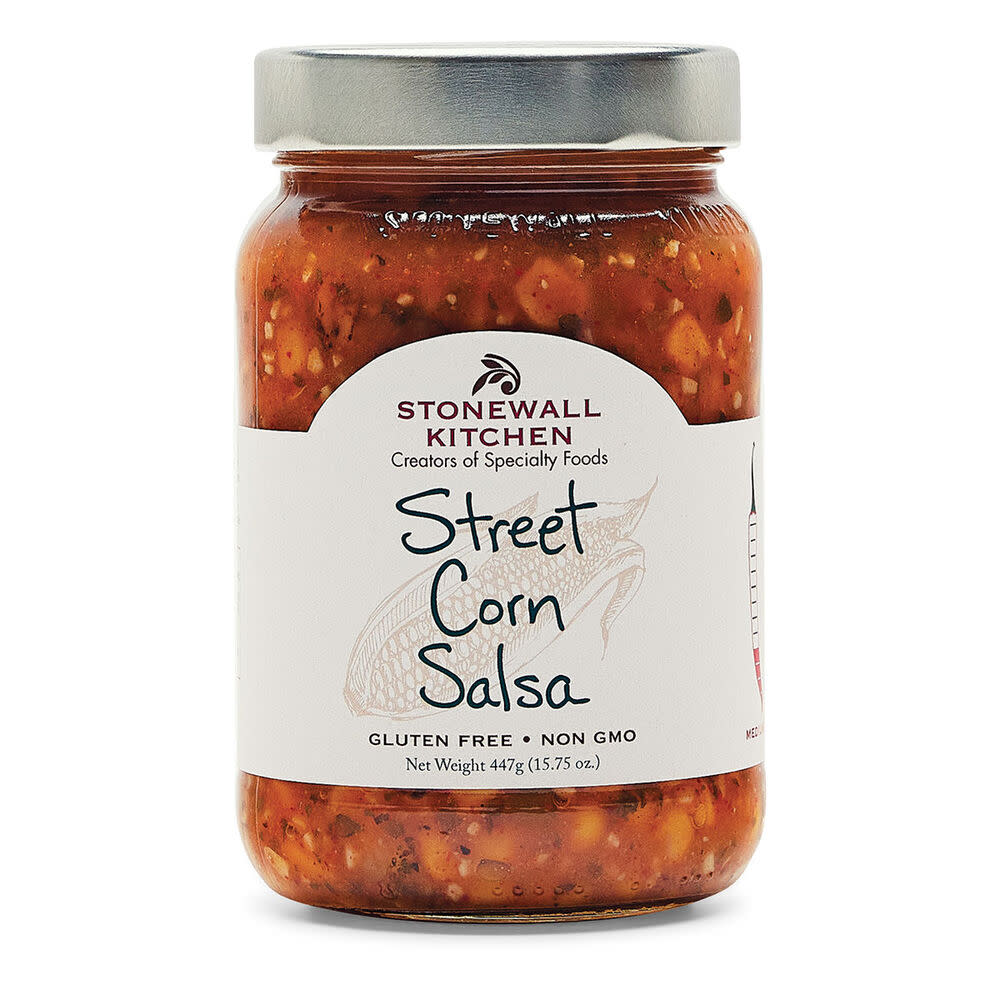 A 15.75 oz jar of Stonewall Kitchen Street Corn Salsa with a white label and silver lid.