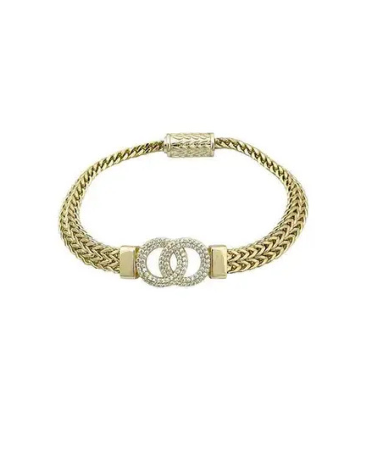 Two-tone interlocking mesh bracelet with a gold-tone chain and crystal-encrusted circular links.