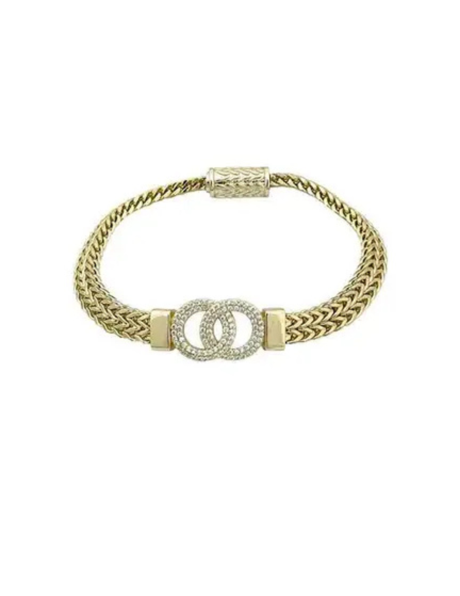 Two-tone interlocking mesh bracelet with a gold-tone chain and crystal-encrusted circular links.