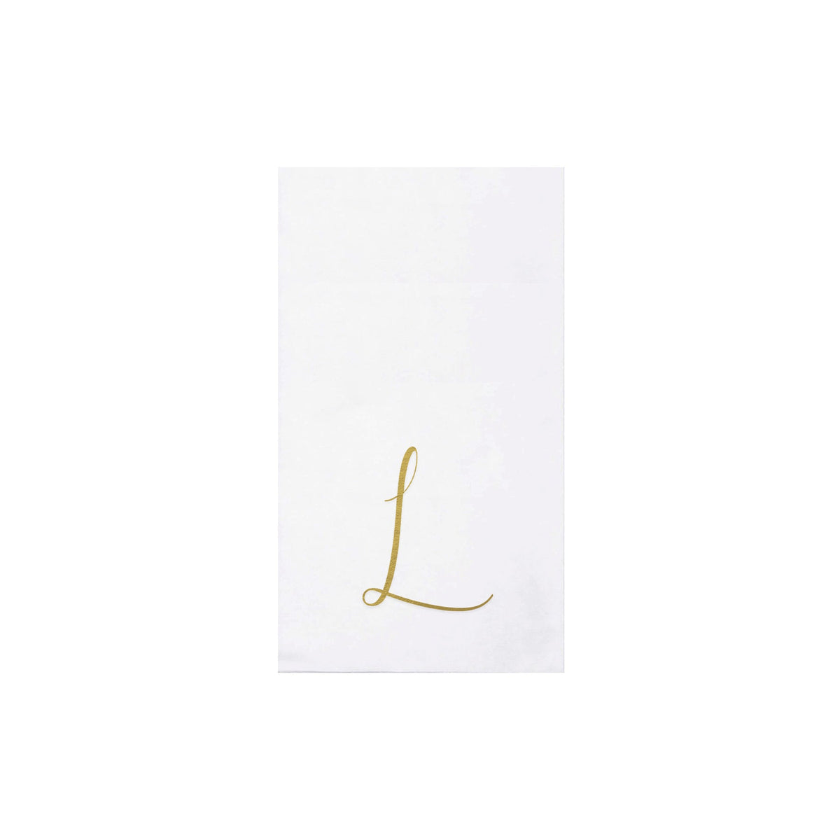 Gold monogrammed spunlace guest towels folded on a neutral surface.