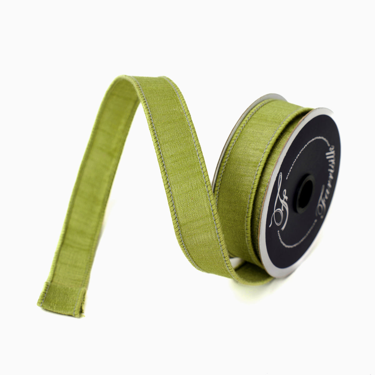 A spool of 1 inch wide olive green dupion ribbon with a textured finish and stitched edges.