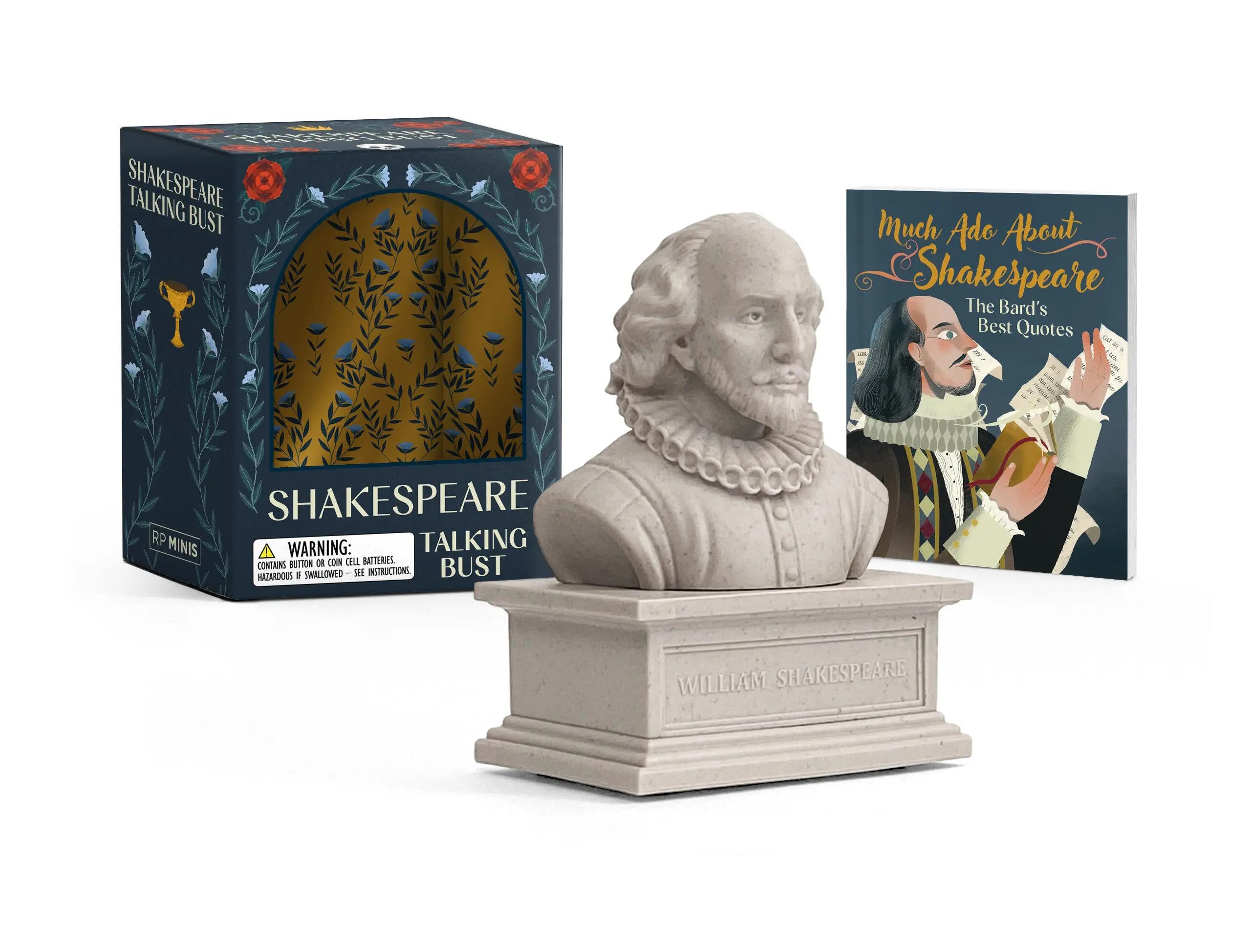 Talking bust of William Shakespeare with miniature book
