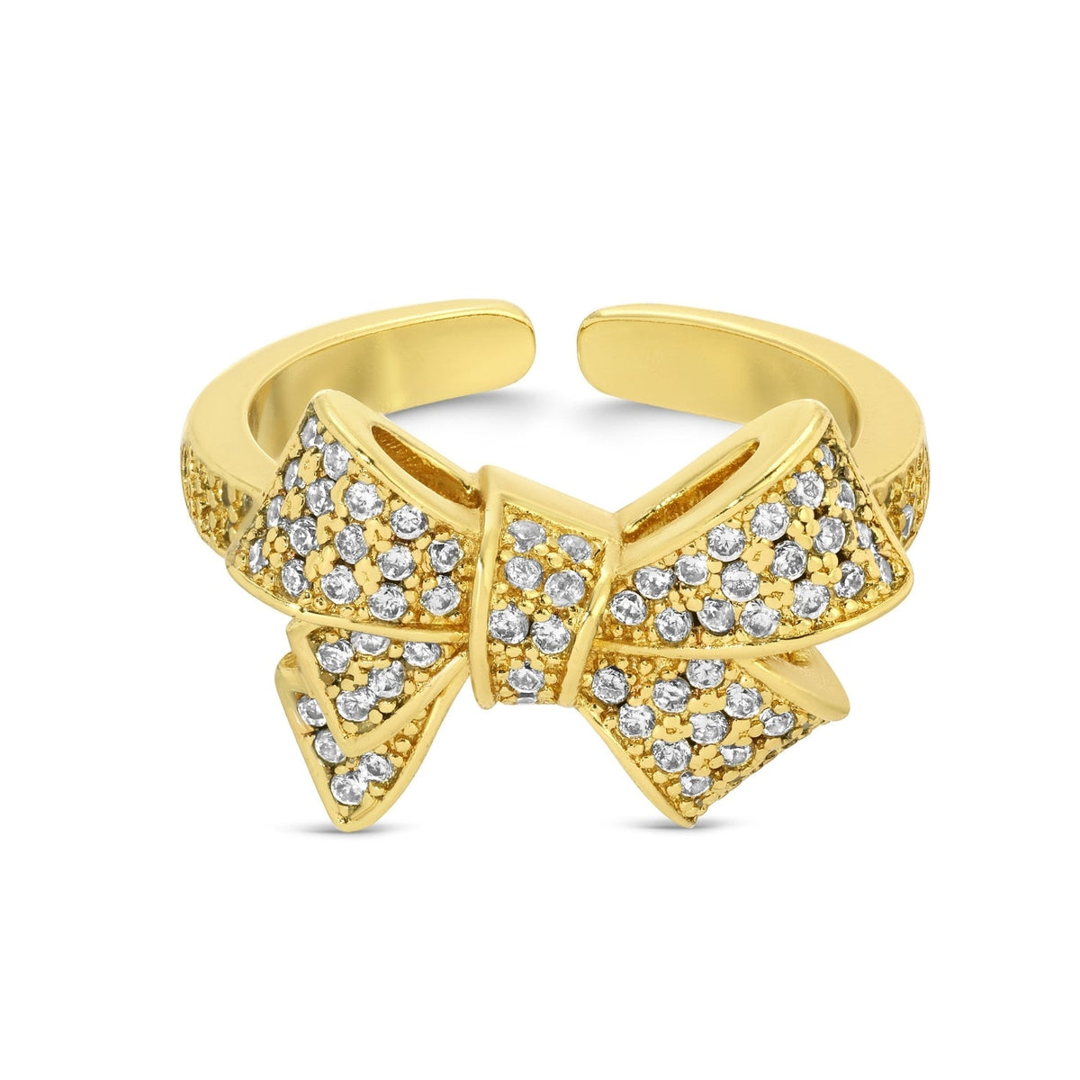 Large adjustable pave bow ring with cubic zirconia on an 18k gold plated brass base.