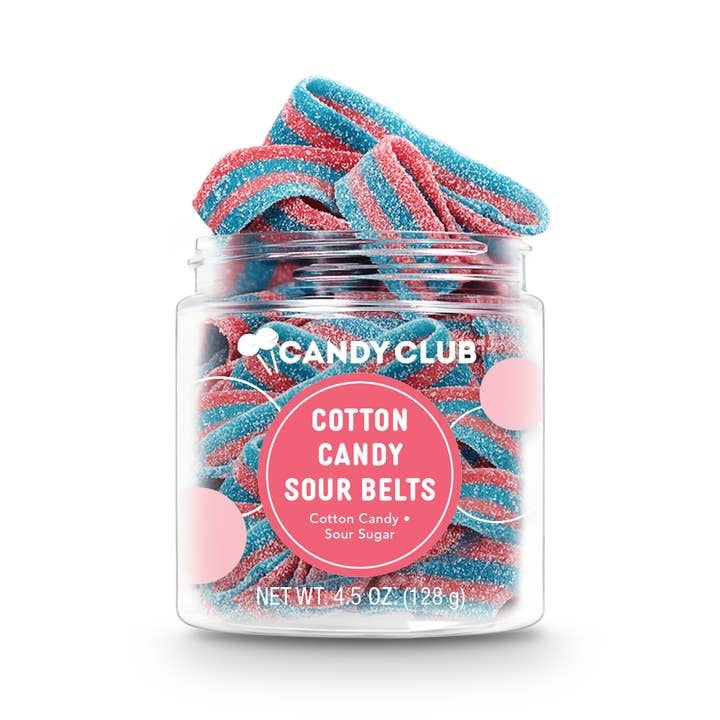 Packaging for Sour Belts Candies featuring tart cherry-flavored ribbons in a square box.