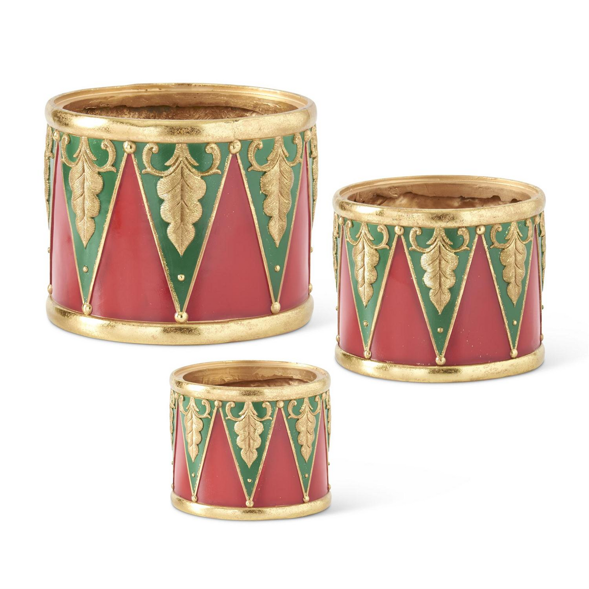 Set of three red, green, and gold resin nesting drum containers with ornate leaf patterns.