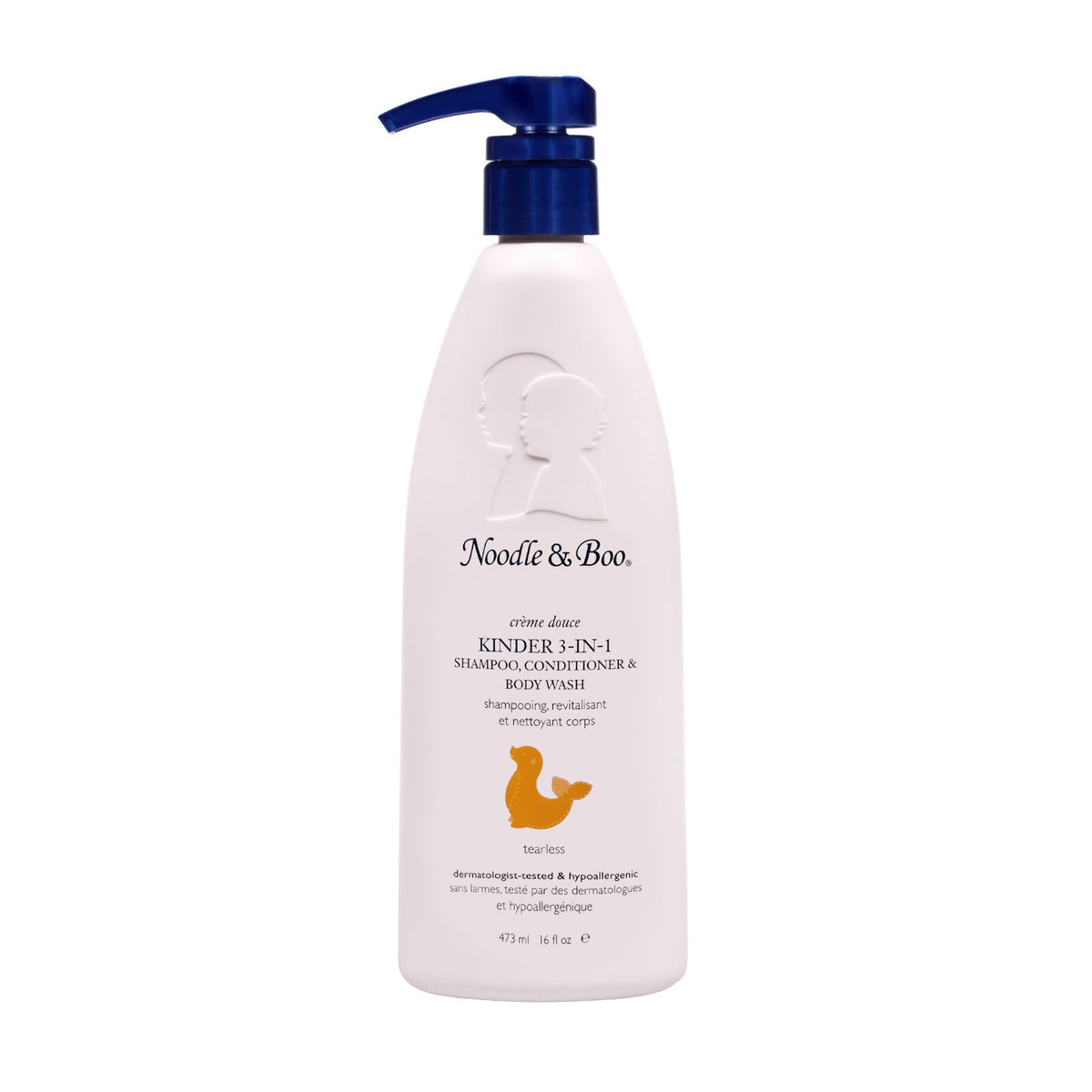 Kinder 3-in-1 shampoo bottle with blue cap showing plant-based formula