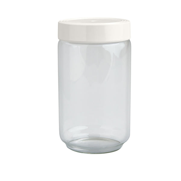 Small clear glass Pinstripes Canister with a white lid.