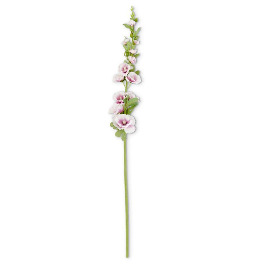 43-inch hollyhock stem artificial plant with fabric leaves on an iron wire stand