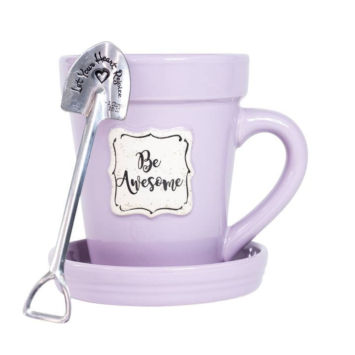White ceramic flower pot mug with saucer lid and stainless steel garden spade spoon featuring scripture verse.