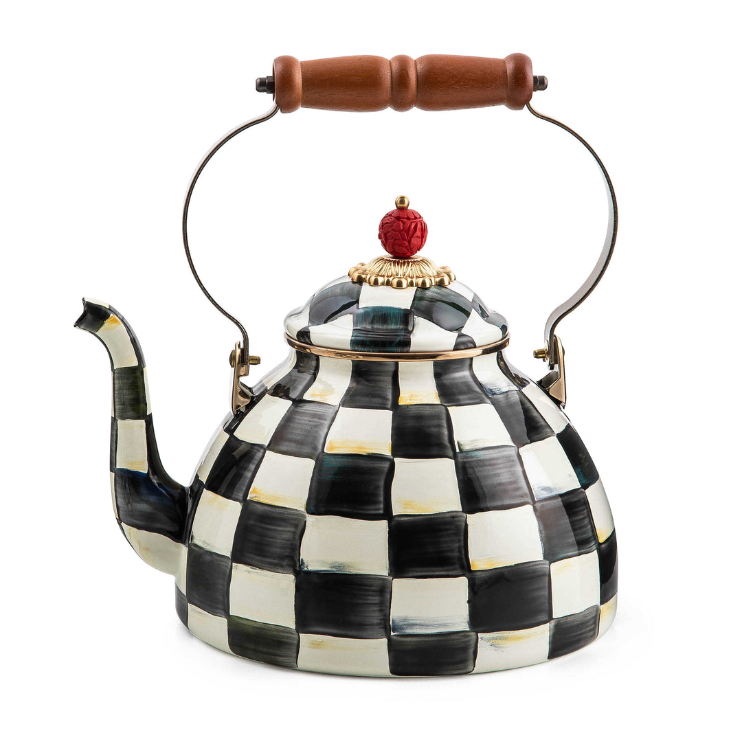 3-quart enamel tea kettle with Courtly Check pattern, wood handle, brass accents, and bronzed stainless steel rim.