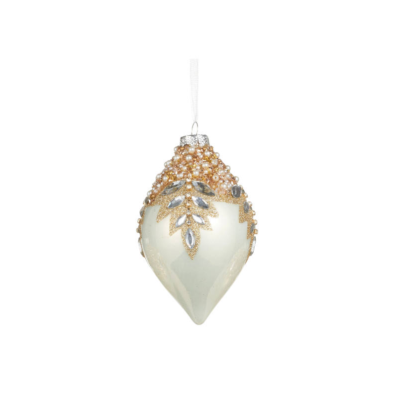 5-inch white glass teardrop ornament with gold glitter, pearls, and clear gem accents.