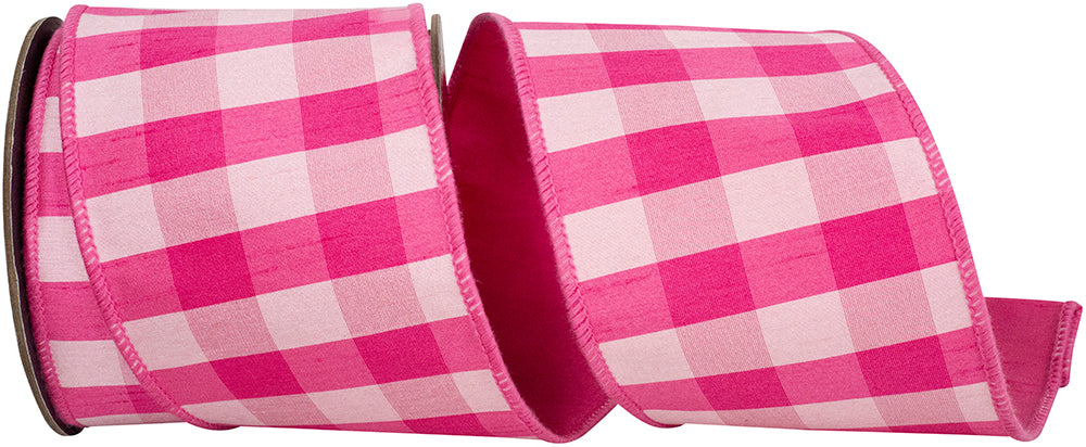 4-inch fuchsia and pink dupioni checked deluxe backed wired edge ribbon on a spool.