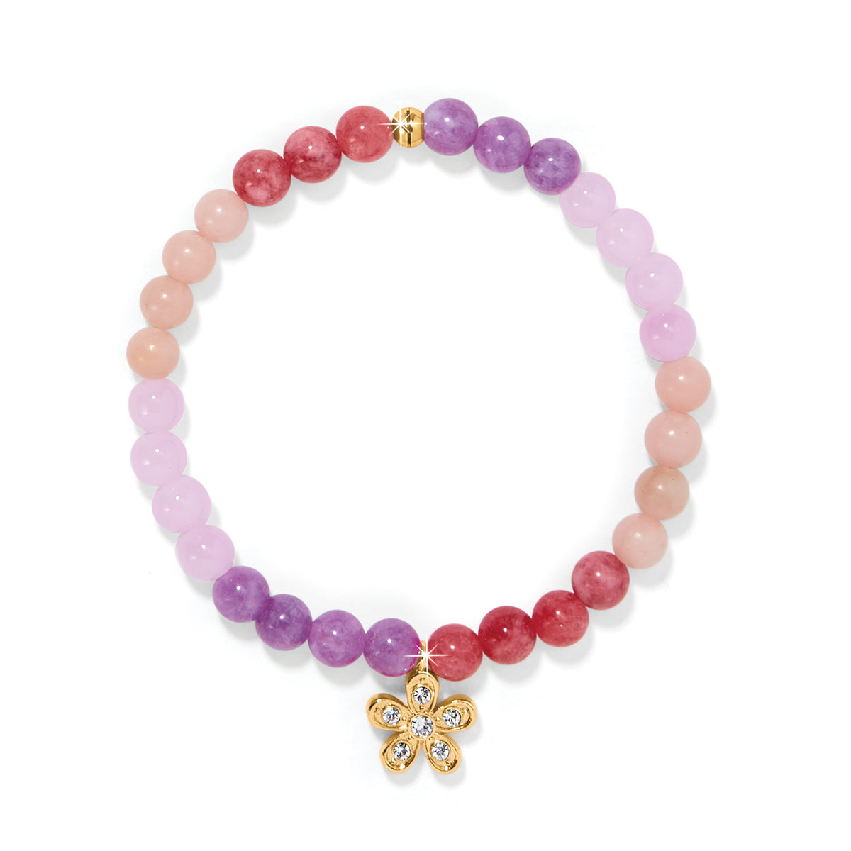 Enchanting Flower Stretch Bracelet with gold-plated flower charm and purple, pink, and red beads.