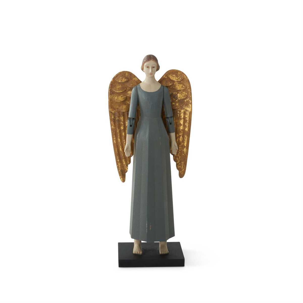 19.25 inch hand-carved blue wooden angel figurine with embossed gold tin wings on a black base.