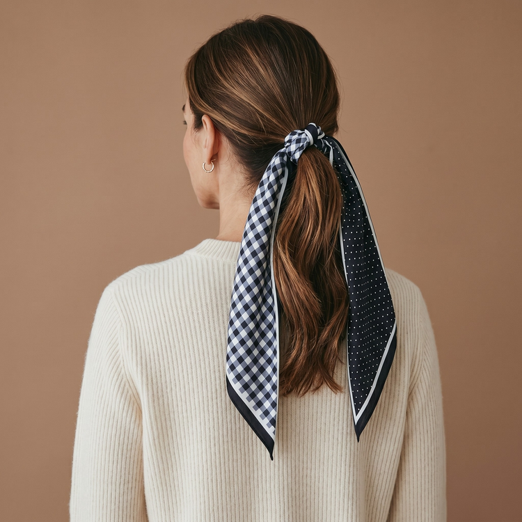 Twirl & Tie Scarf Accessory in a ponytail, featuring navy gingham and polka dot patterns.