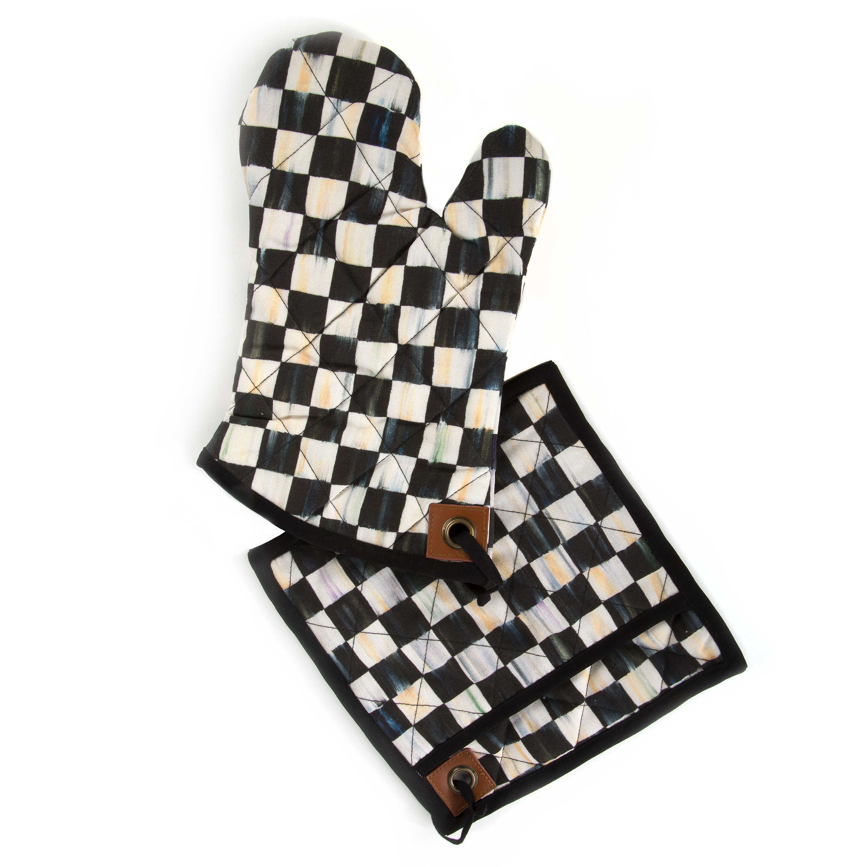 Black and white checkered oven mitt and matching square pot holder with leather hanging tabs.