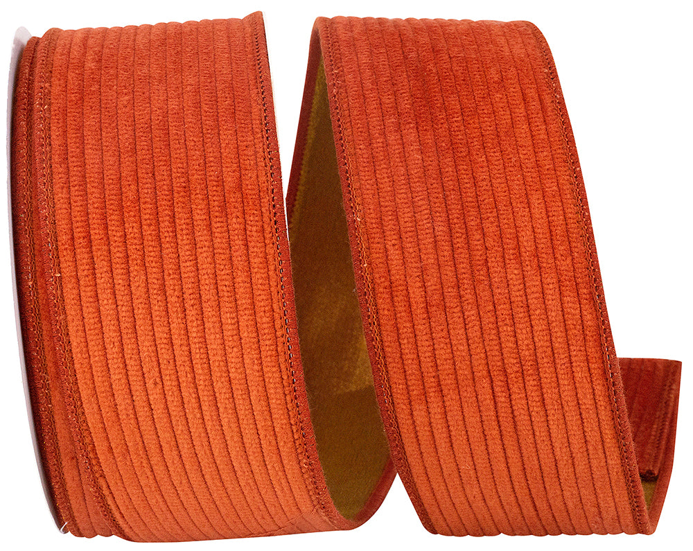 2.5 inch orange corduroy deluxe mesh backed wired edge ribbon on a spool.